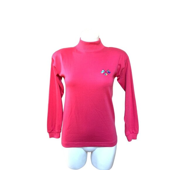 Vintage Tops - Vintage 80s Pink Turtleneck Shirt Embroidered Flags Petite Small